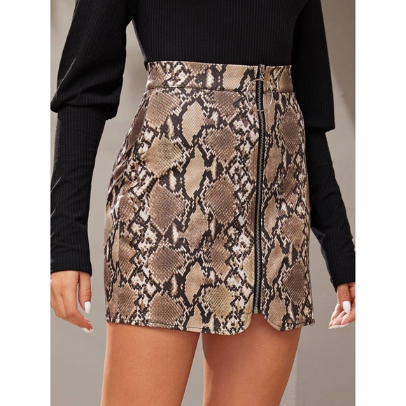 Brown Snakeskin Ring Zipper High Waist Mini Skirt - Picture 5 of 6